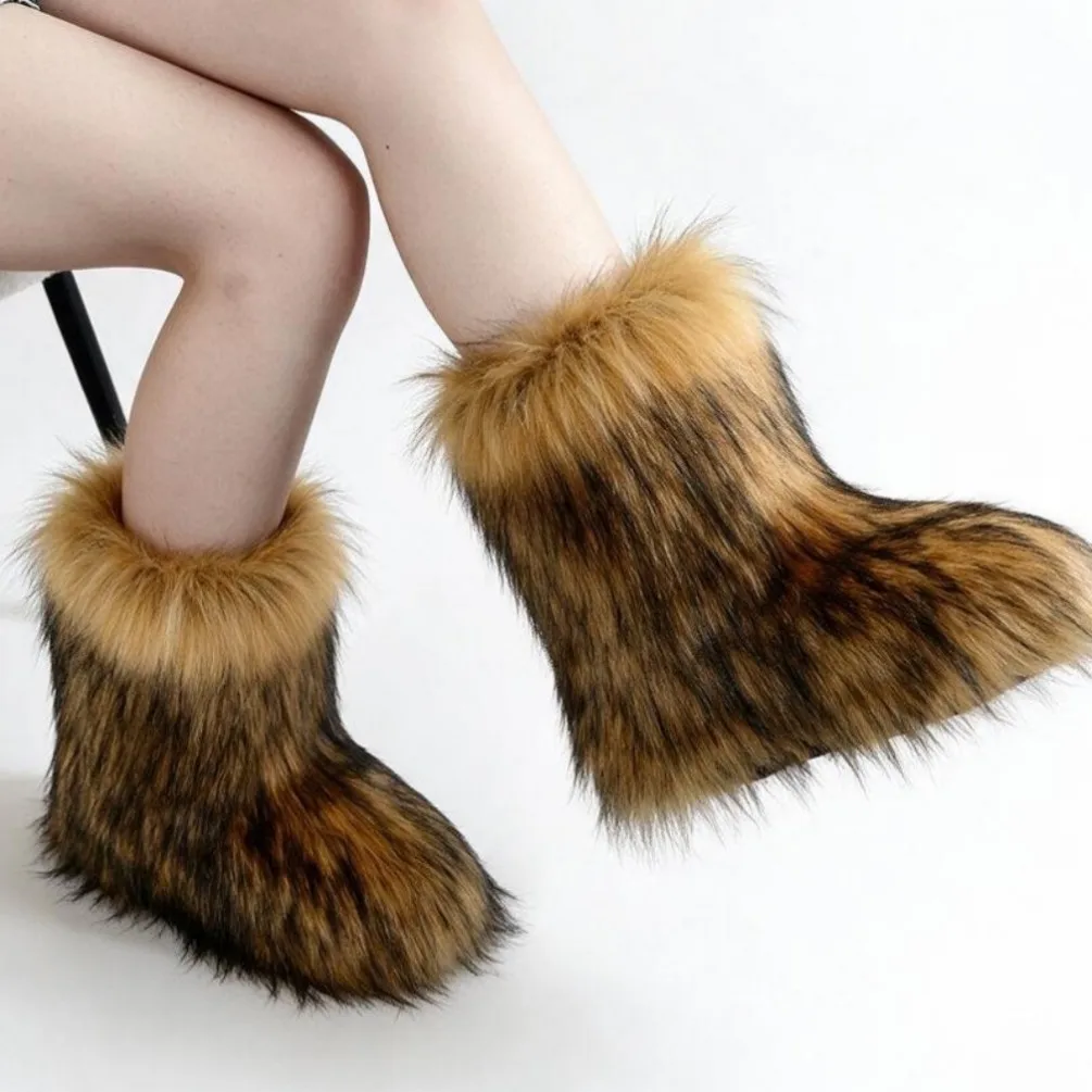  Winter Fluffy Women's Faux Fur Boots Plush Warm Woman Snow Boots 2026 Luxury Girls Furry Platform Boots Women's Ankle Boots