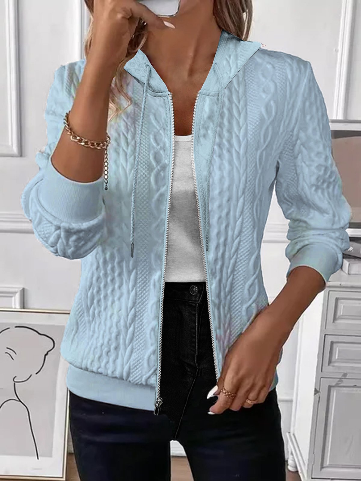  Solid Color Long Sleeve Knitted Zipper Hoodie Coat