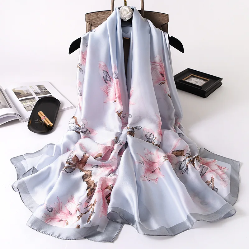  100% Natural Silk Scarf Women Luxury Brand Digital Print Flowers Silk Pashmina Shawl Female Long Bandana Foulard 2020 Oversize