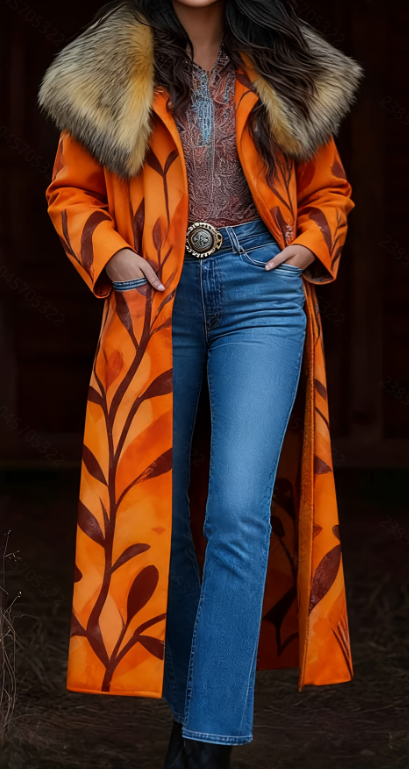  Fashion Retro Women's Coat, Warm Printed Long Coat