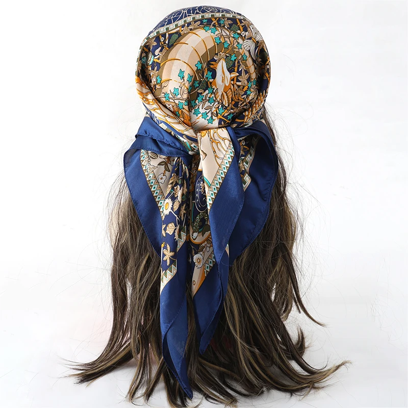  Bohemian Style Floral Print Women’s Square Silk Scarf Satin Head Wrap Tropical Leaf Flower Design Scarves Bandana Hijab
