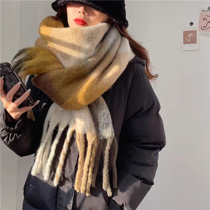  Women's Plaid Tassel Scarf Rainbow Color-blocking Shawl