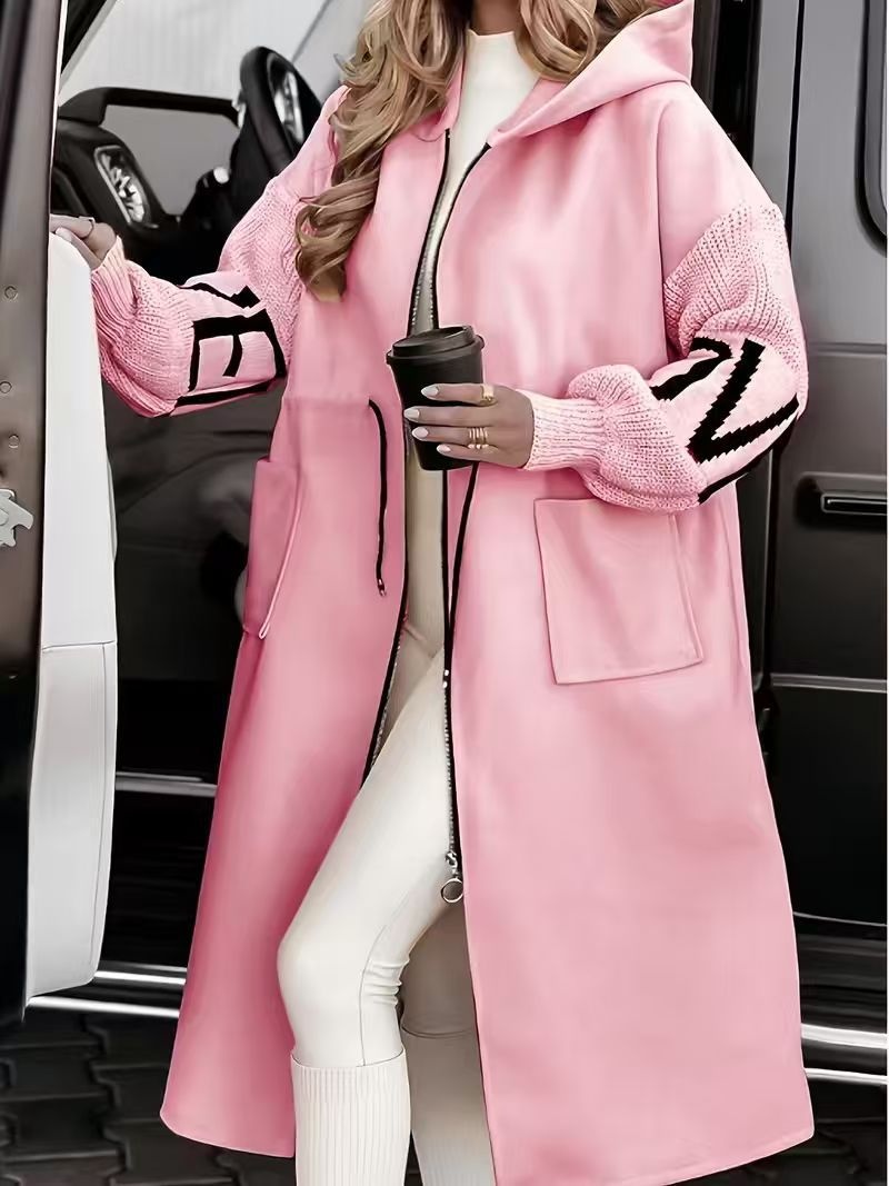  European And American Fashion Women's Wear Casual Hooded Long Splicing Coat