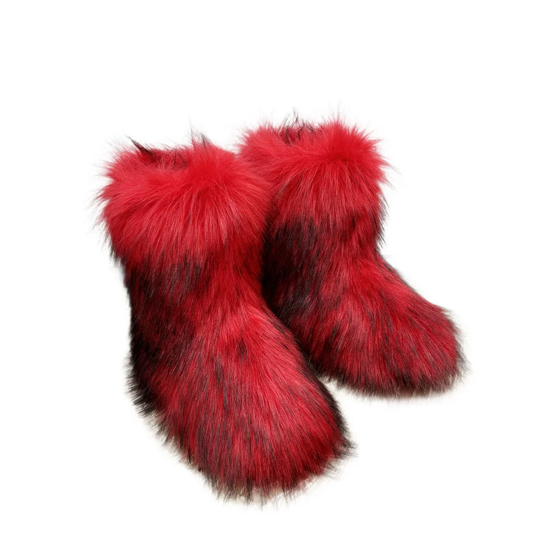  New Winter Fur Onepiece Raccoon Fur Female Snow Boots Fur Shoes Outdoor Mid Leg Boots