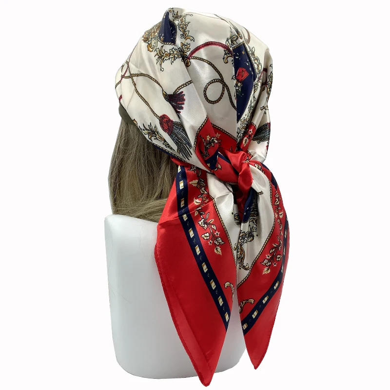 90*90cm Square Silk Scarves Women Hijab Shawls Fashion Print Kerchief Femme Head Scarf Foulard Bandana Beach Pareo