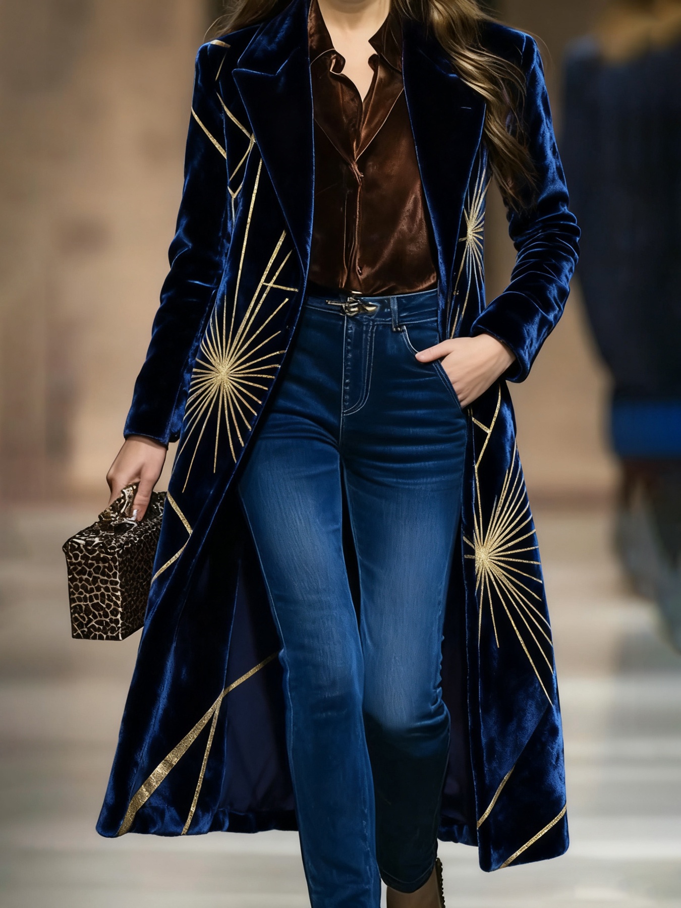 Casual Loose Vintage Velvet Leopard Print Colorblock Lapel Coat Printed Pattern