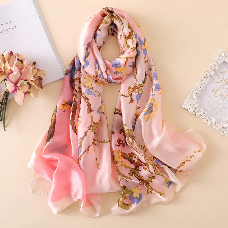  100% Natural Silk Scarf Women Luxury Brand Digital Print Flowers Silk Pashmina Shawl Female Long Bandana Foulard 2020 Oversize