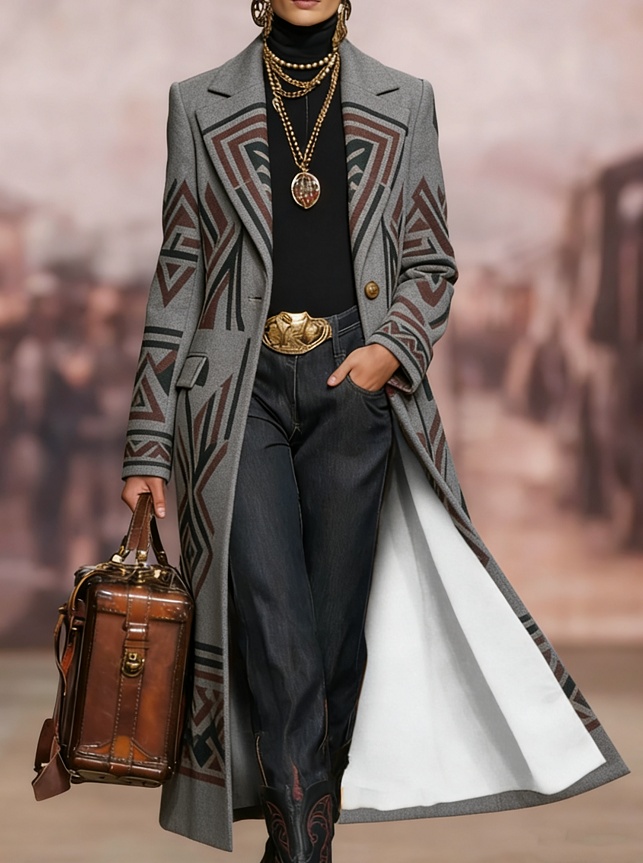  Printed Casual Long Wool Coat