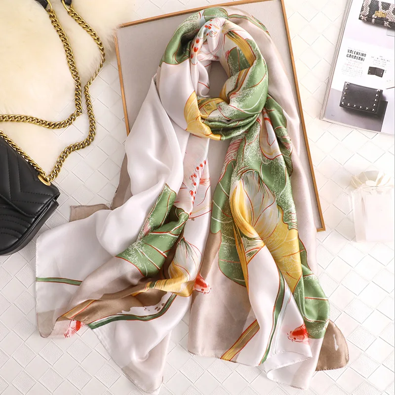  100% Natural Silk Scarf Women Luxury Brand Digital Print Flowers Silk Pashmina Shawl Female Long Bandana Foulard 2020 Oversize