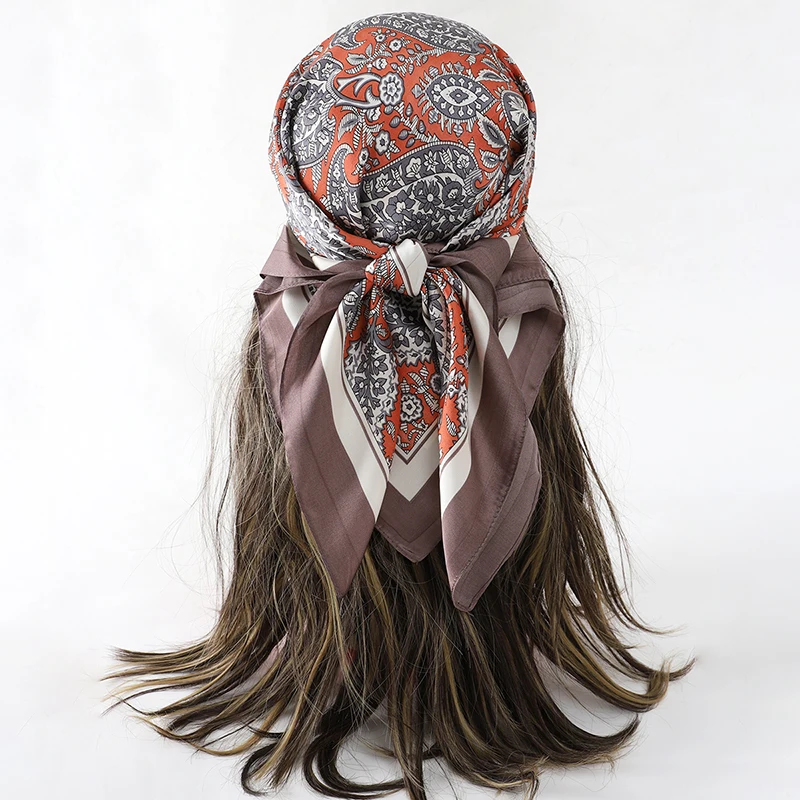  Bohemian Style Floral Print Women’s Square Silk Scarf Satin Head Wrap Tropical Leaf Flower Design Scarves Bandana Hijab