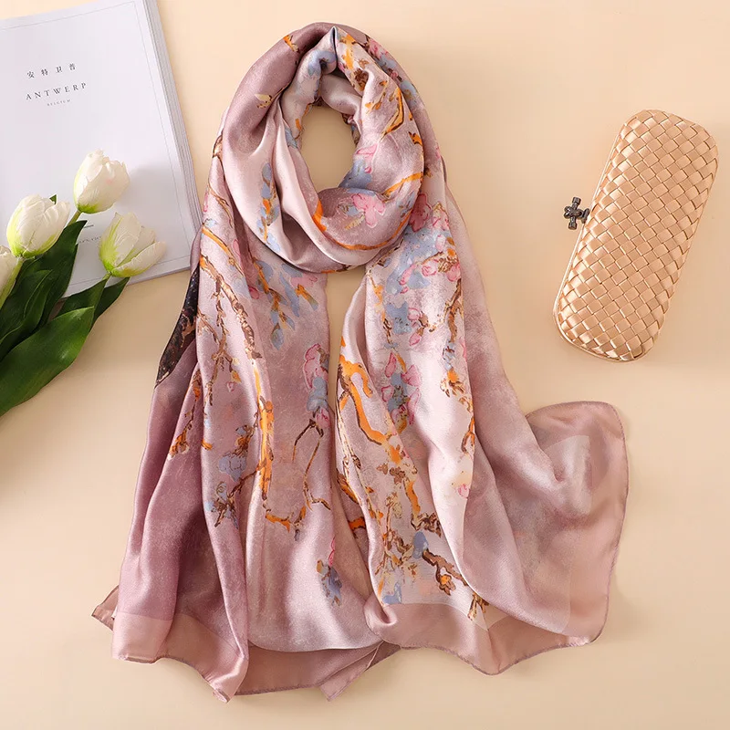 100% Natural Silk Scarf Women Luxury Brand Digital Print Flowers Silk Pashmina Shawl Female Long Bandana Foulard 2020 Oversize