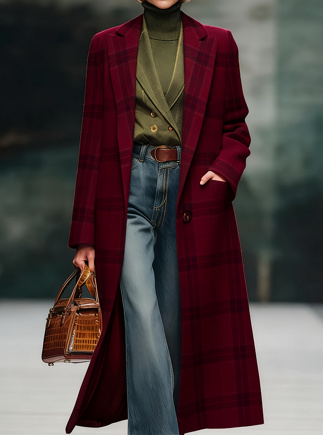  Women's Loose-fitting Long Plaid Lapel Coat