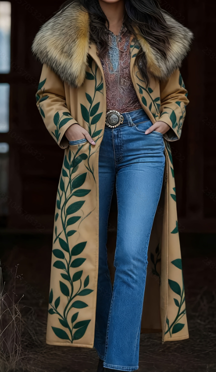  Fashion Retro Women's Coat, Warm Printed Long Coat