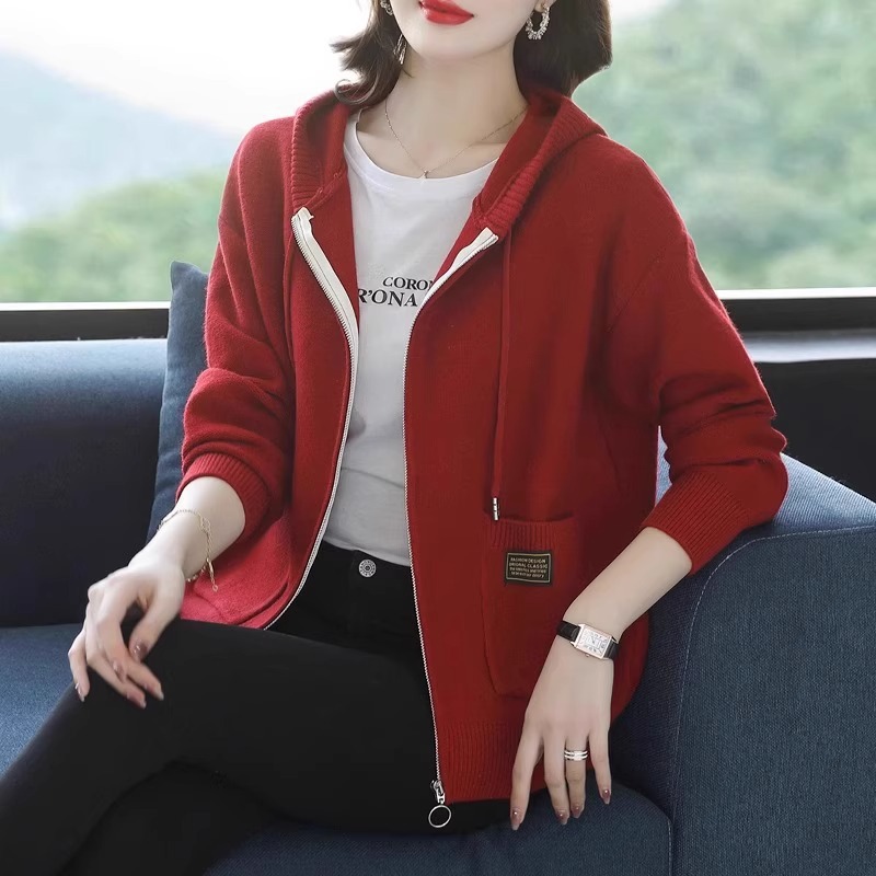  Knitwear Hooded Sweater Coat Women's Loose Zip Knitted Cardigan
