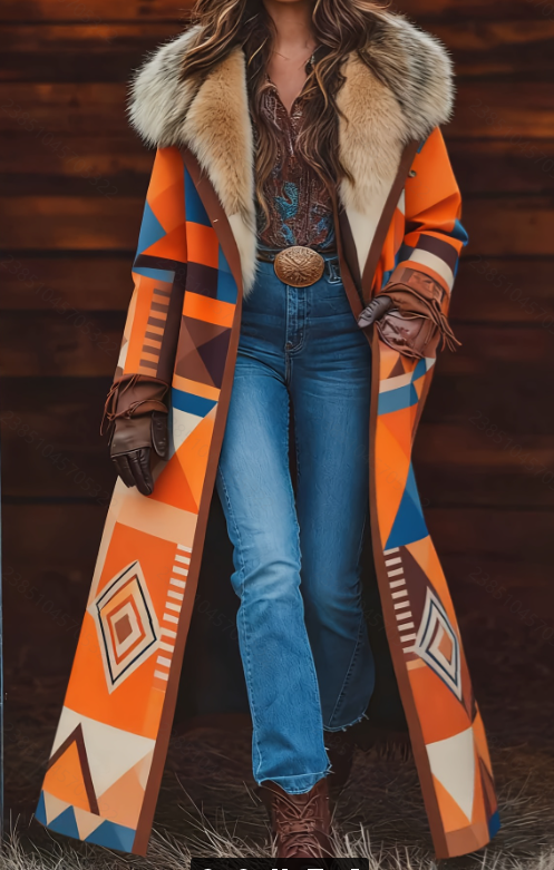  Fashion Retro Women's Coat, Warm Printed Long Coat