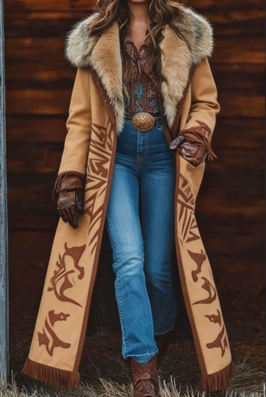  Fashion Retro Women's Coat, Warm Printed Long Coat