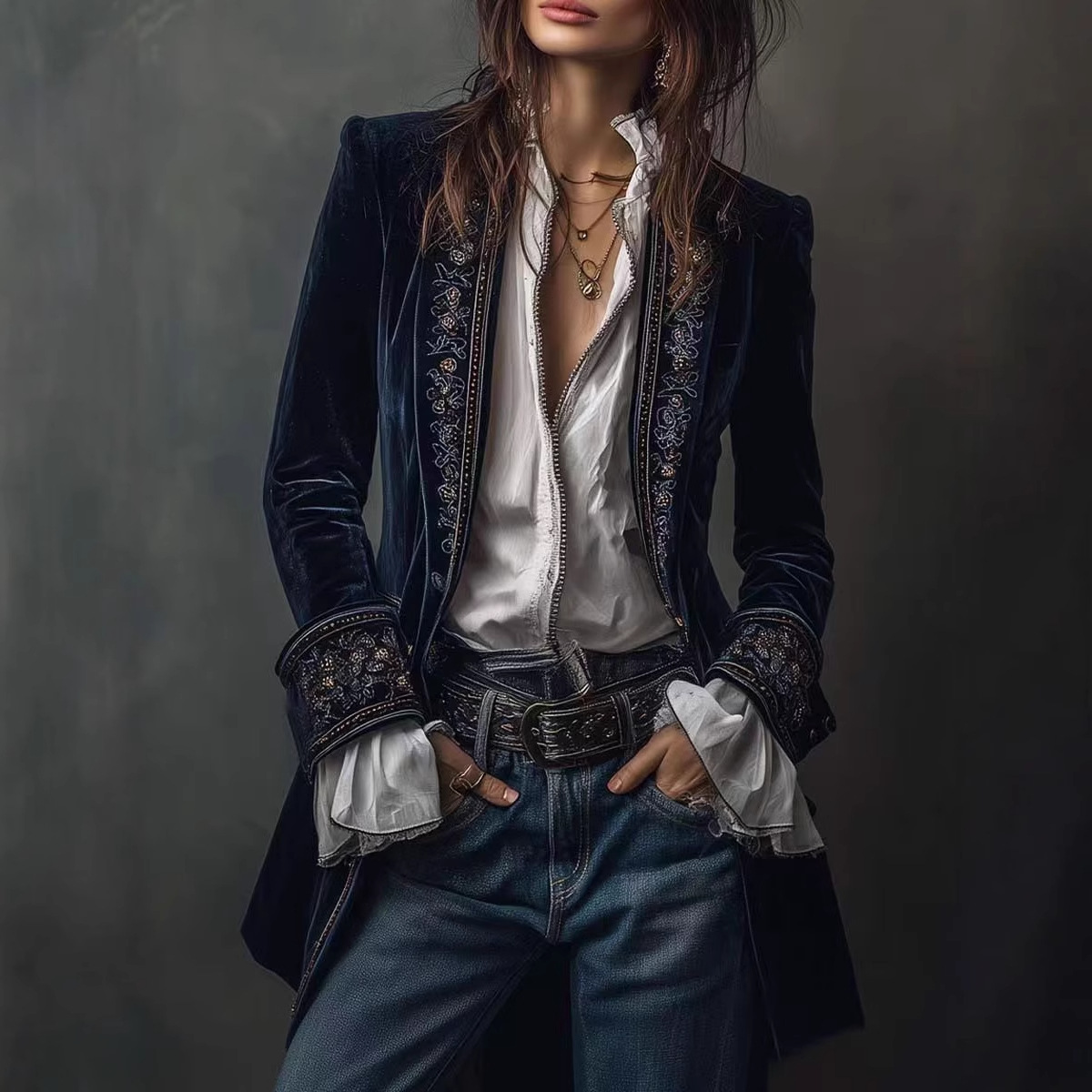  Long Sleeve Solid Color Stitching Lace Pleuche Coat
