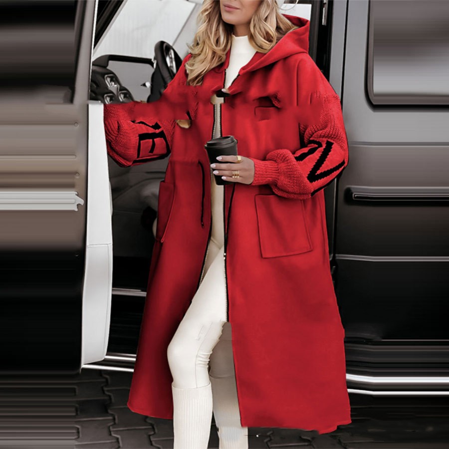  European And American Fashion Women's Wear Casual Hooded Long Splicing Coat
