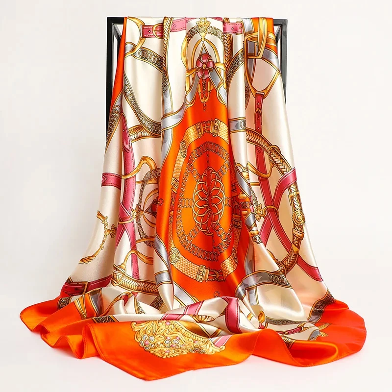  Handkerchiefs Hair Silk Scarf 90*90cm Print Satin Big Square Silk Scarves Shawls for Women Luxury Brand Designer Hijab Headband