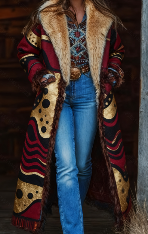  Fashion Retro Women's Coat, Warm Printed Long Coat