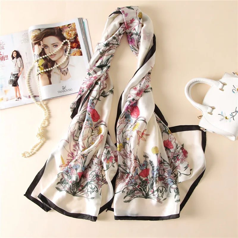  100% Natural Silk Scarf Women Luxury Brand Digital Print Flowers Silk Pashmina Shawl Female Long Bandana Foulard 2020 Oversize