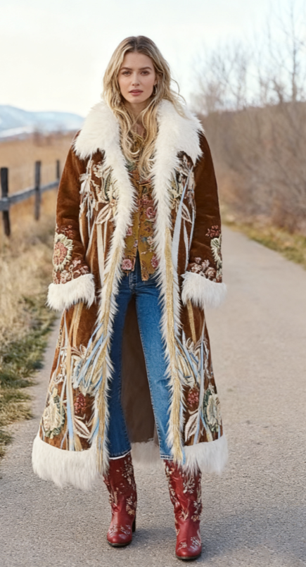  Fashion Retro Women's Coat, Warm Printed Long Coat