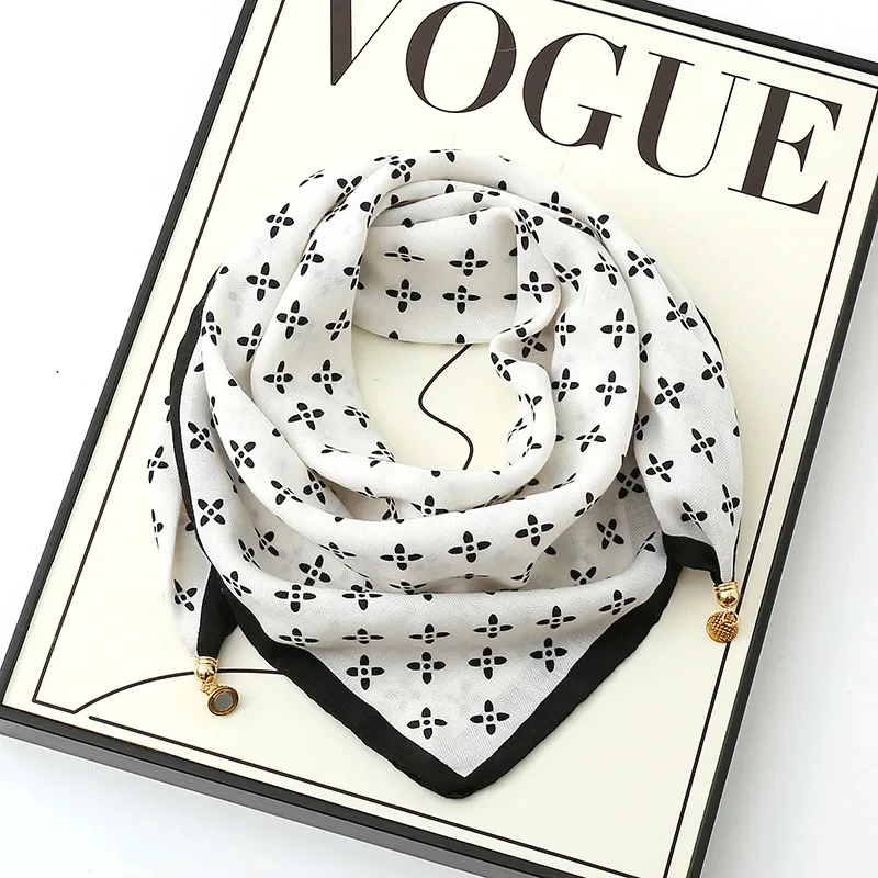  Luxury Magnetic Buckle Silk Scarf Women Soft Satin Neckerchief Female Autumn Winter Warmth Cold Resistance Fashion Square Scarve
