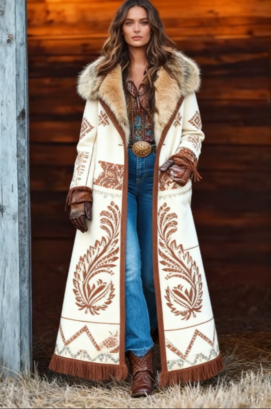  Fashion Retro Women's Coat, Warm Printed Long Coat