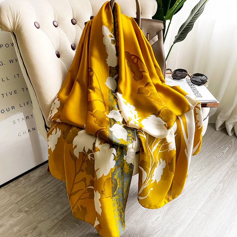  100% Natural Silk Scarf Women Luxury Brand Digital Print Flowers Silk Pashmina Shawl Female Long Bandana Foulard 2020 Oversize