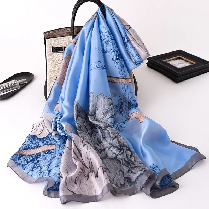  100% Natural Silk Scarf Women Luxury Brand Digital Print Flowers Silk Pashmina Shawl Female Long Bandana Foulard 2020 Oversize
