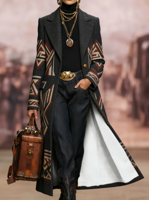  Printed Casual Long Wool Coat