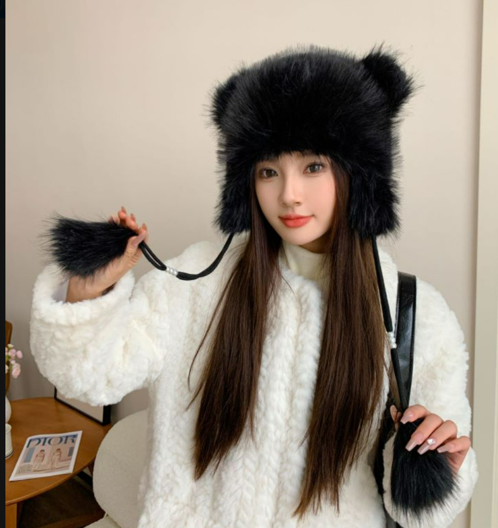 Winter Earflaps Thick Plush Women Cute Bear Ears Hanging Ball Thermal Head Cover Beanie Hat