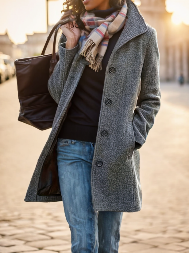  Women's Casual Tweed Coat - Solid Color Mid-Length H-Silhouette Button Front Long Sleeve