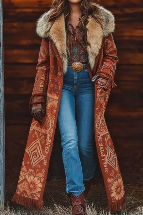  Fashion Retro Women's Coat, Warm Printed Long Coat