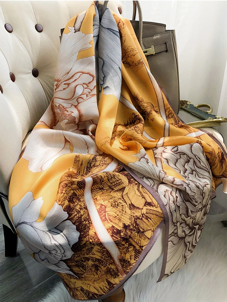  100% Natural Silk Scarf Women Luxury Brand Digital Print Flowers Silk Pashmina Shawl Female Long Bandana Foulard 2020 Oversize