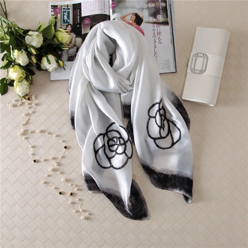  100% Natural Silk Scarf Women Luxury Brand Digital Print Flowers Silk Pashmina Shawl Female Long Bandana Foulard 2020 Oversize