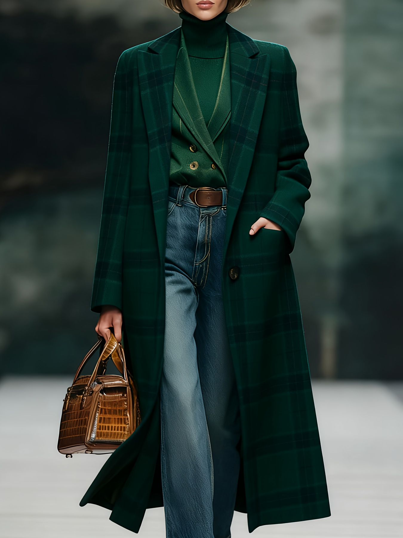  Casual Loose-fitting Retro Plaid Mid-length Coat