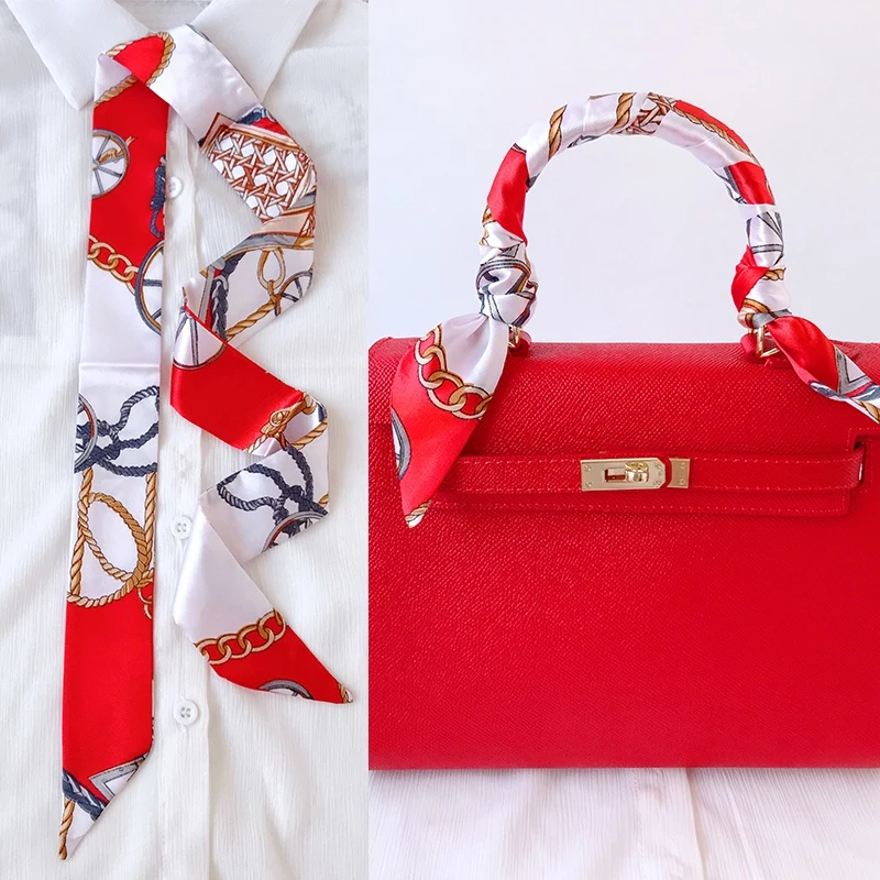  Woman Skinny Silk Scarf 90cm*4cm Long Hair Strip Silk Ribbon Small Neck Scarves Bag Handle Ribbon Scarf Kerchief Ladies Tie