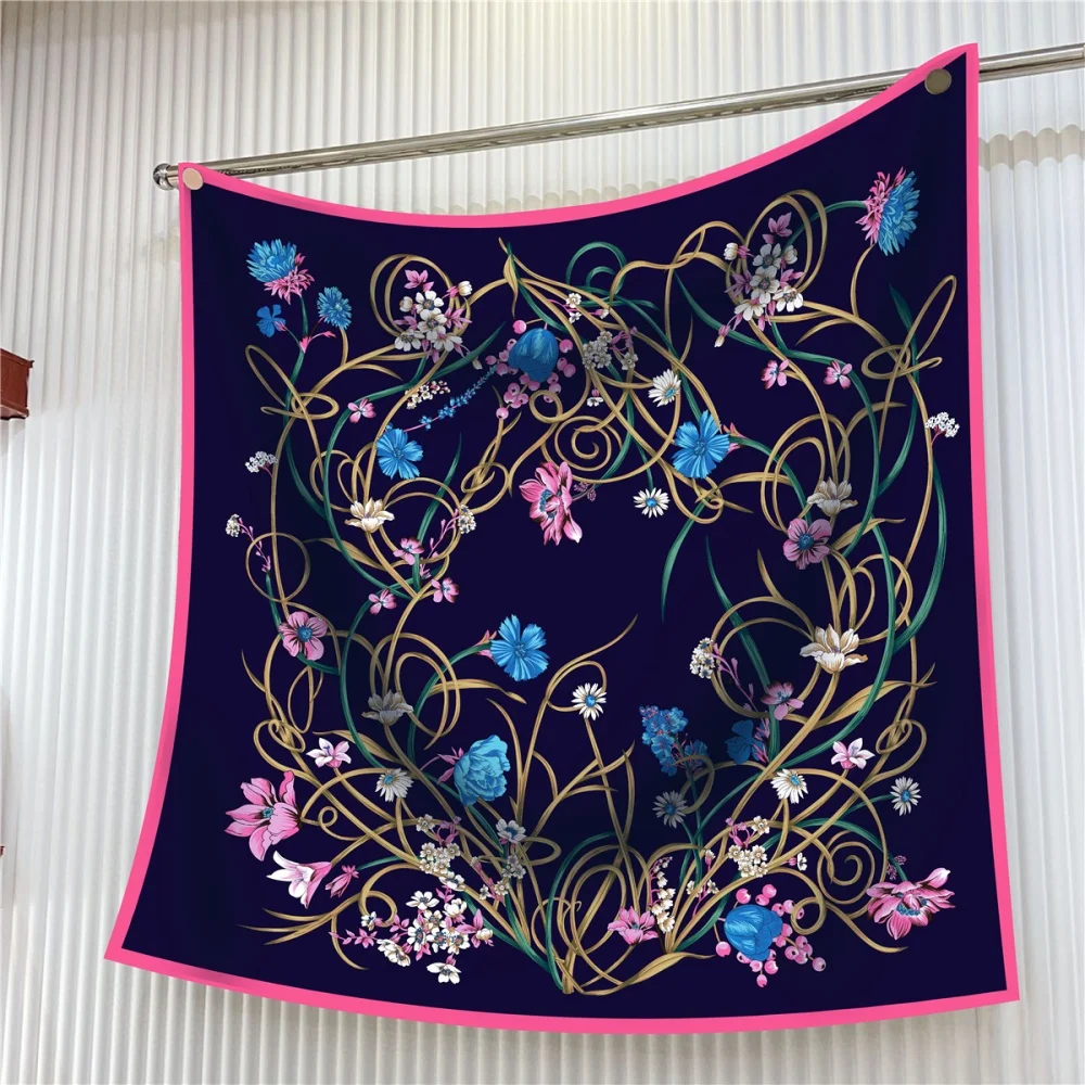  Silk Scarf Women Floral Printed Square Scarves Head Echarpes Silk Foulards Femme Wraps Beach Shawls Bandana Lady Hijabs 90CM