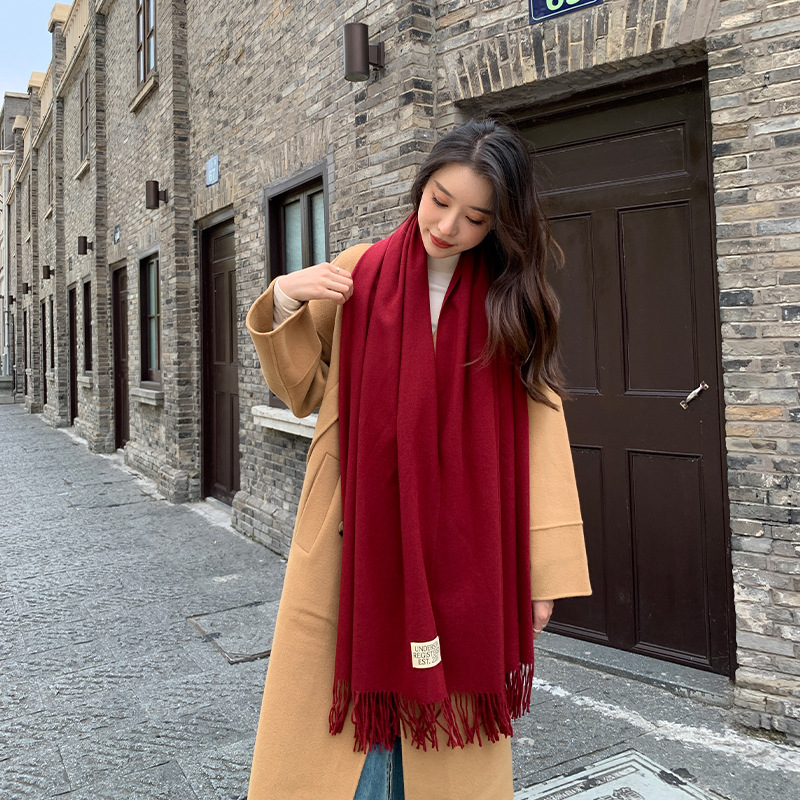  250g Solid Color Artificial Cashmere Scarf Thickened Warm Tassel Monochrome Shawl