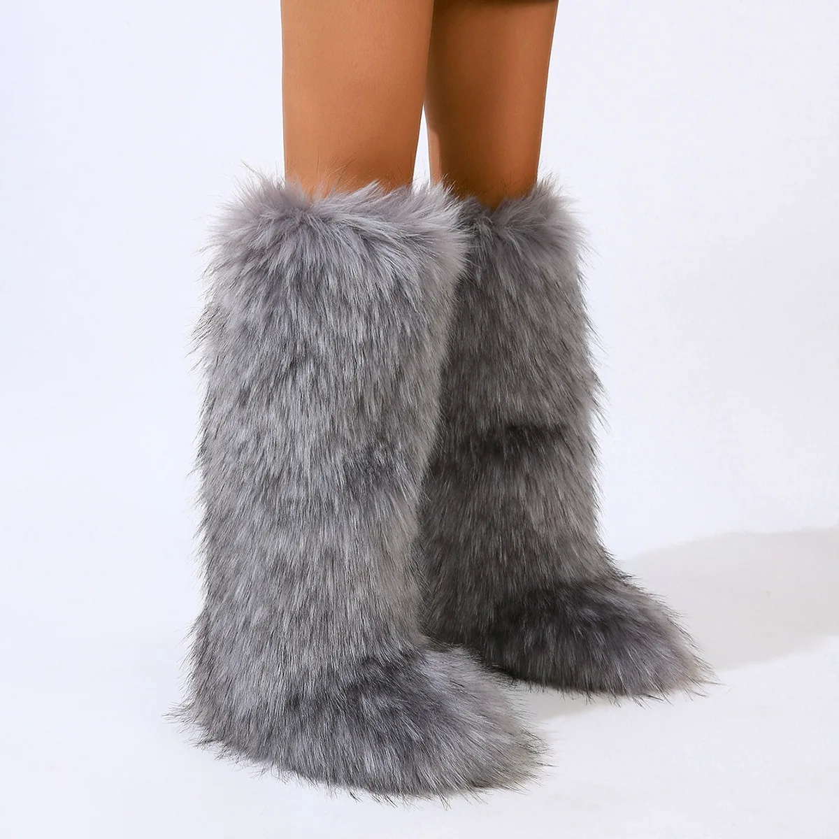  2025 Women Winter Thigh High Fluffy Boots Ladies Furry Faux Fox Fur Long Warm Shoes girls New Designer Plush Knee High Fur Boots