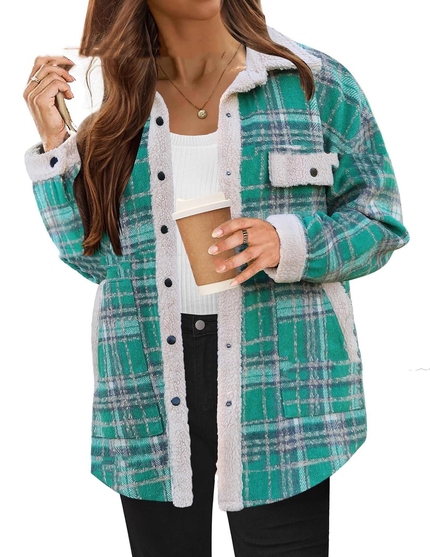  Contrast Color Plaid Jacket Casual Polo Collar Velvet Coat