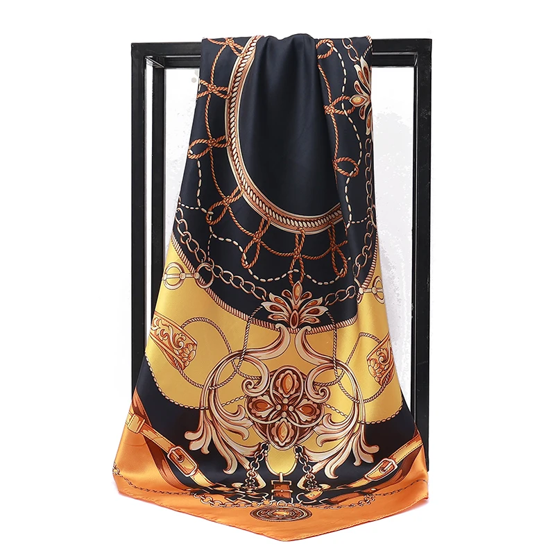 90*90cm Square Silk Scarves Women Hijab Shawls Fashion Print Kerchief Femme Head Scarf Foulard Bandana Beach Pareo