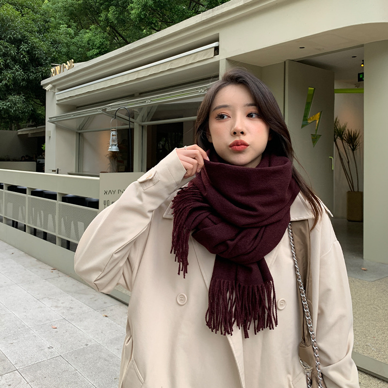  250g Solid Color Artificial Cashmere Scarf Thickened Warm Tassel Monochrome Shawl