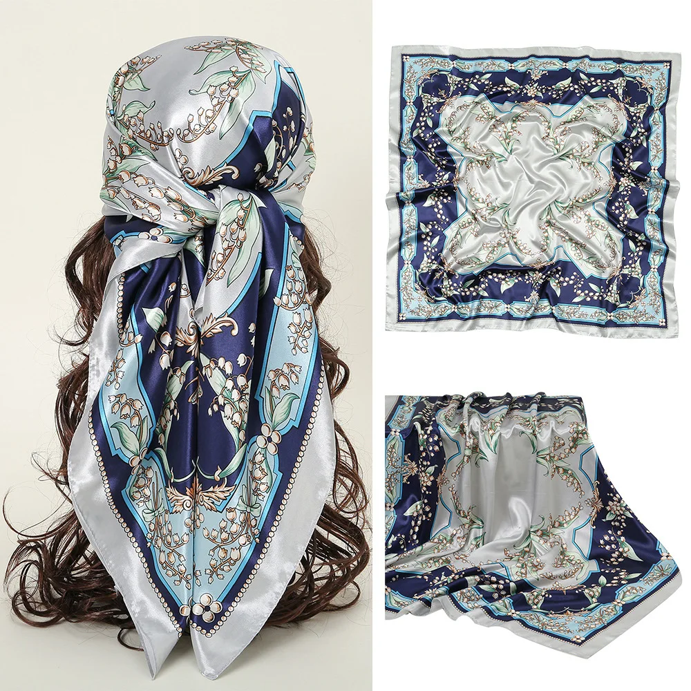 90*90cm Square Silk Scarf Women Print Scarves Satin Shawl Wrap Hijab Female Headband Bandana Foulard Neckerchief