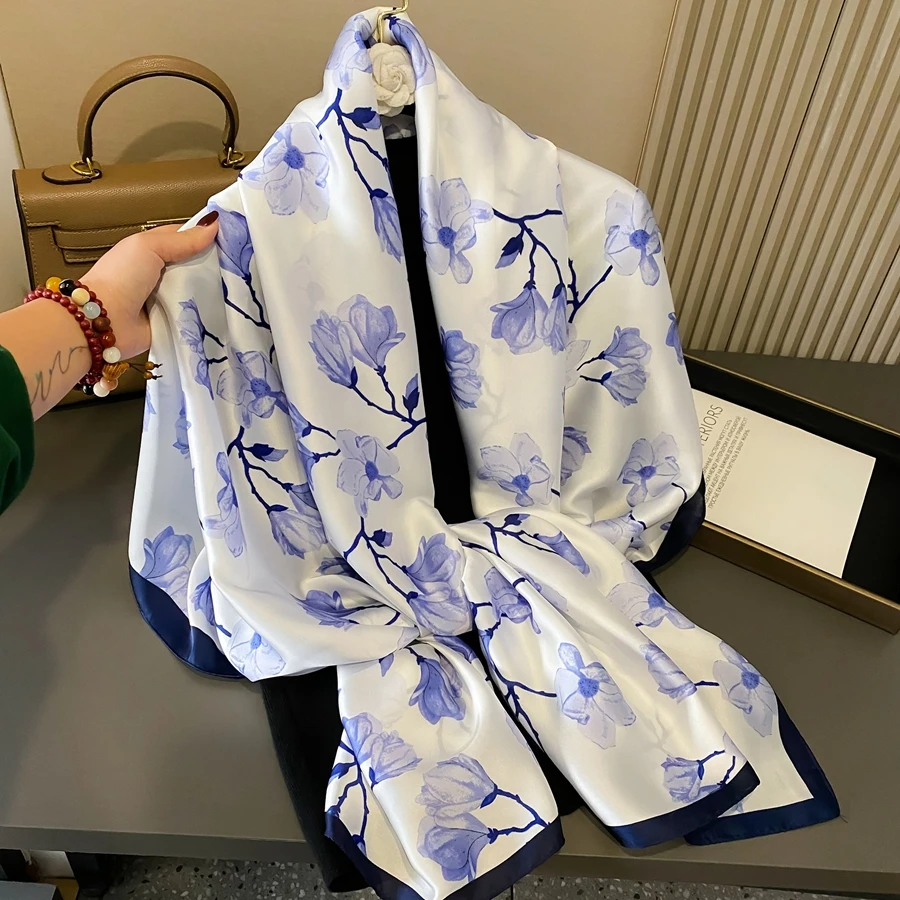  100% Natural Silk Scarf Women Luxury Brand Digital Print Flowers Silk Pashmina Shawl Female Long Bandana Foulard 2020 Oversize