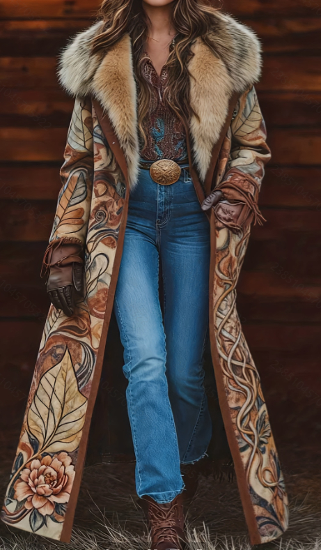  Fashion Retro Women's Coat, Warm Printed Long Coat