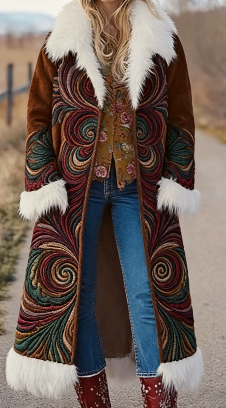  Fashion Retro Women's Coat, Warm Printed Long Coat