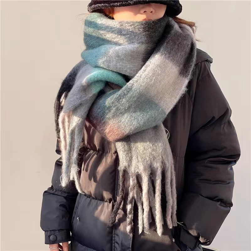  Women's Plaid Tassel Scarf Rainbow Color-blocking Shawl