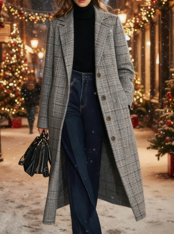  Casual Loose-fitting Retro Plaid Mid-length Coat